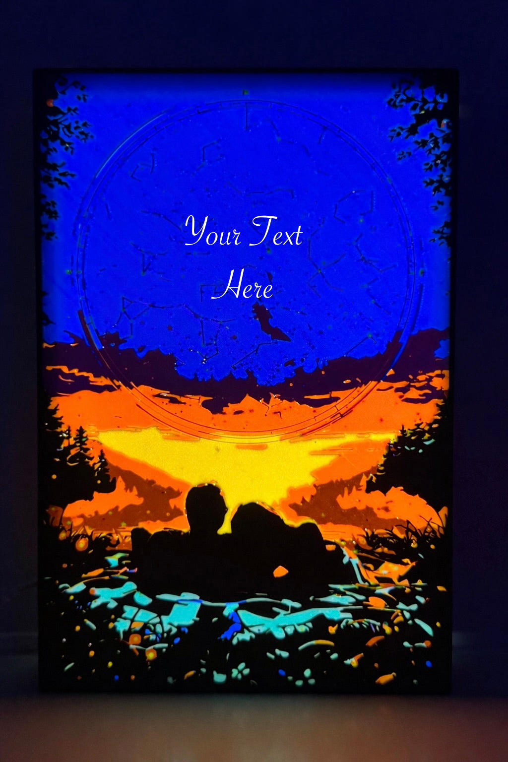 Stargazing couple personalized lightbox lit up - romantic night sky gradient with couple silhouette