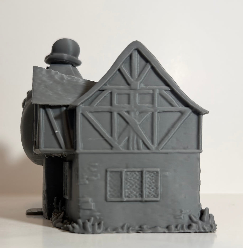 Fantasy cottage terrain piece - mushroom roof building for tabletop wargaming side view