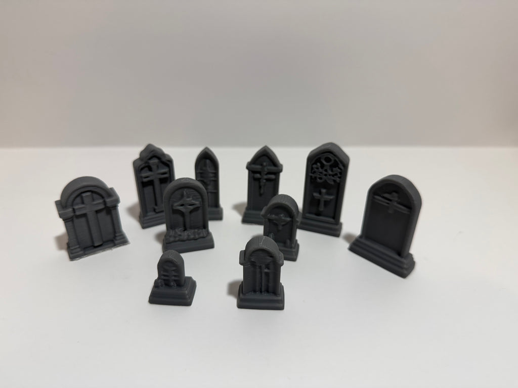 28mm scale tombstones - 3D printed graveyard scatter terrain showing variety of gothic designs