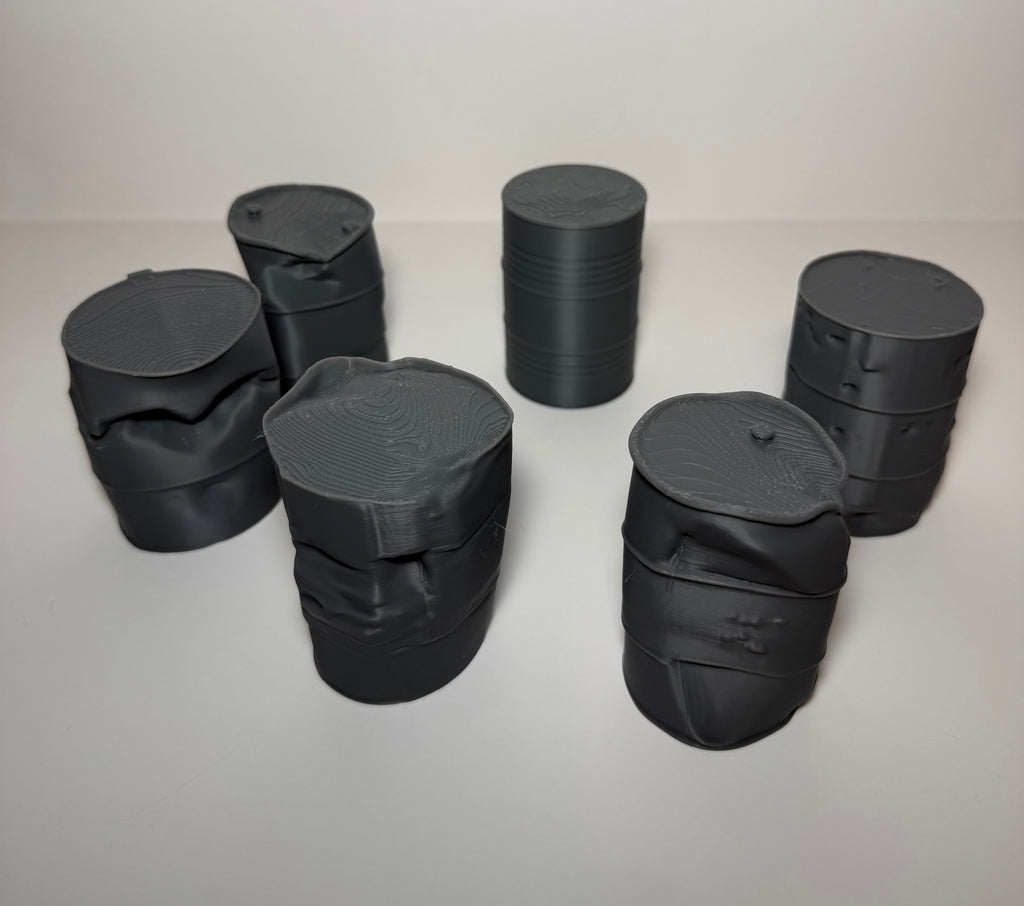 28mm scale industrial barrels - 3D printed scatter terrain side view showing variety