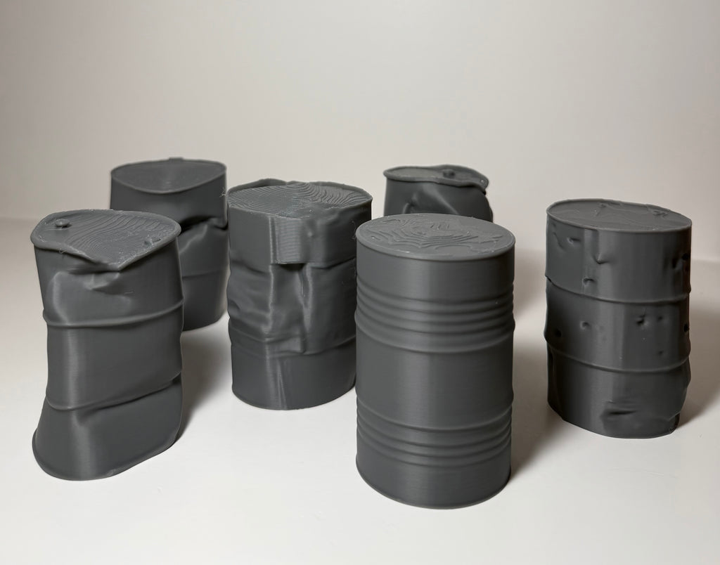 Industrial barrel and drum set - 6 piece scatter terrain for D&D and tabletop wargaming 28mm scale