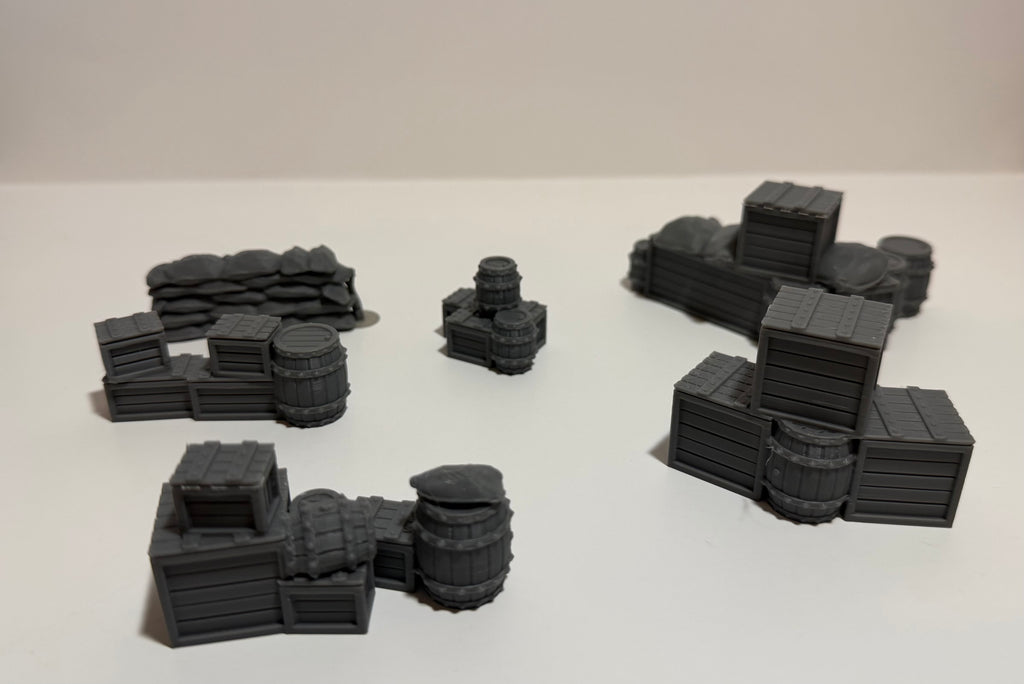Crates and barrels terrain set - 3D printed tabletop scatter terrain for D&D and wargaming