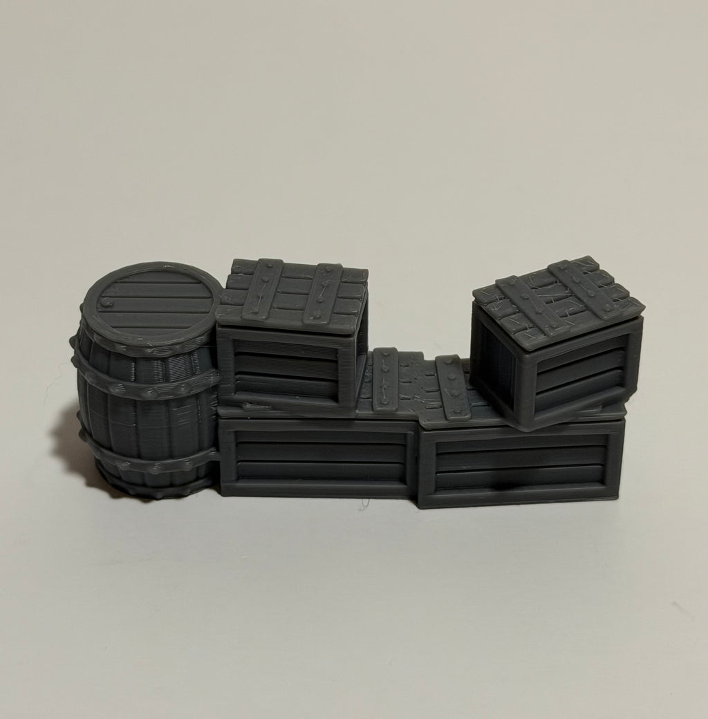 3D printed crates and barrels - front view of modular gaming terrain