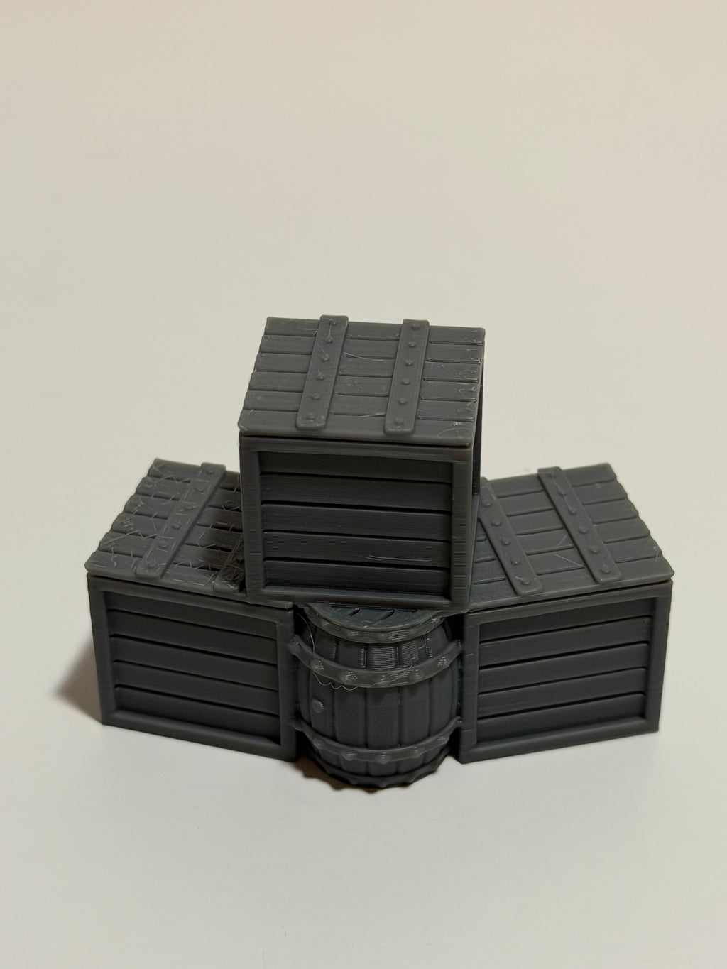 Scatter terrain for D&D - alternate angle of stackable crates and barrels