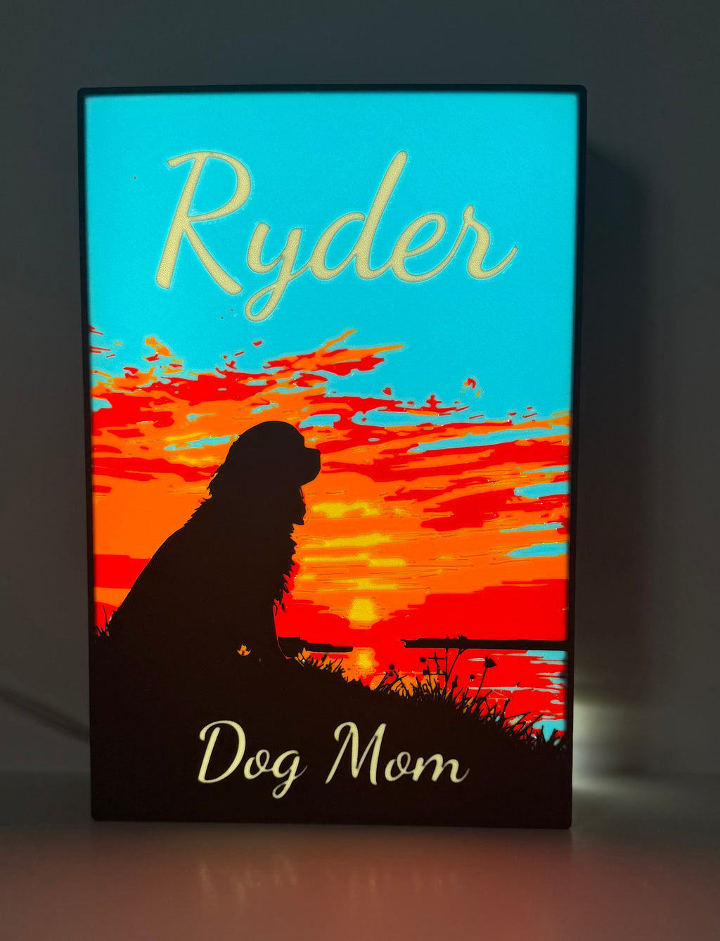 Personalized pet lightbox lit up - custom dog silhouette with sunset gradient memorial gift