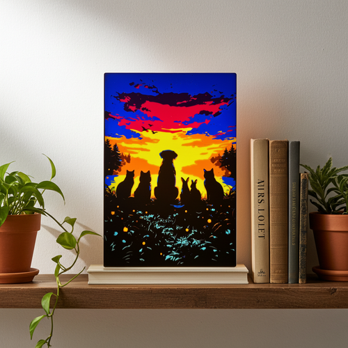 Pet Family Sunset Lightbox - personalized memorial gift with dog, cats, and bunny silhouettes